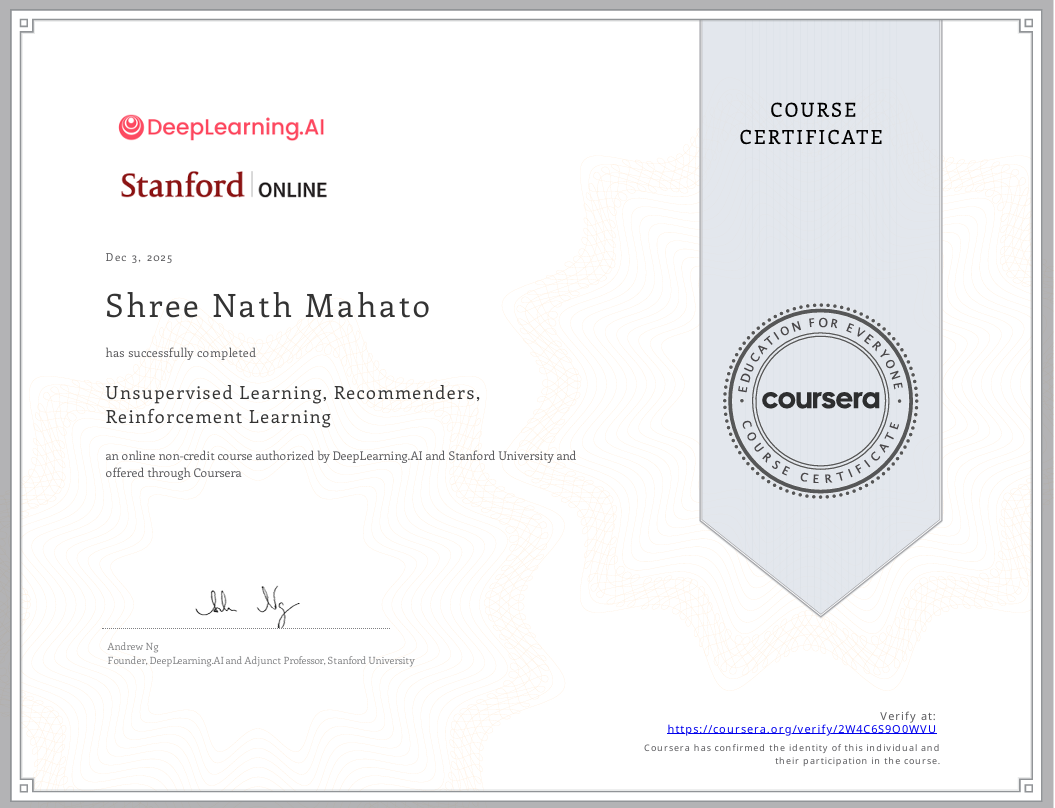 Unsupervised Learning, Recommenders, Reinforcement Learning